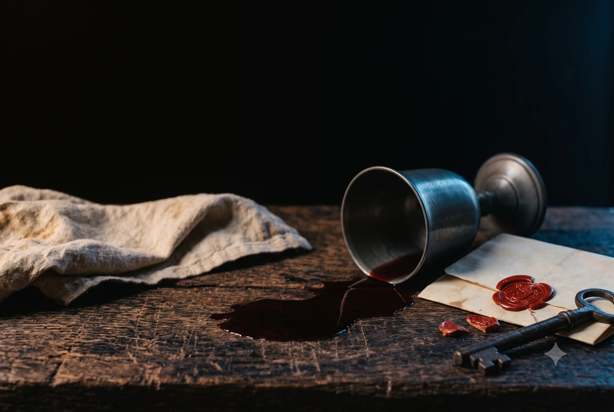 Copa de peltre volcada, carta con lacre roto y llave antigua sobre una mesa de madera